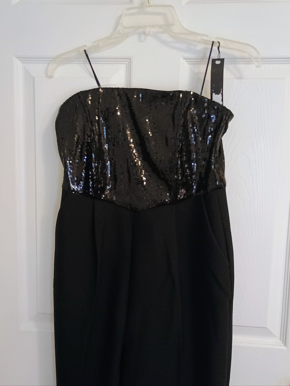 Black Sequin Jumpsuit Steve Madden Med Structured Strapless Bodice Tailored Pant